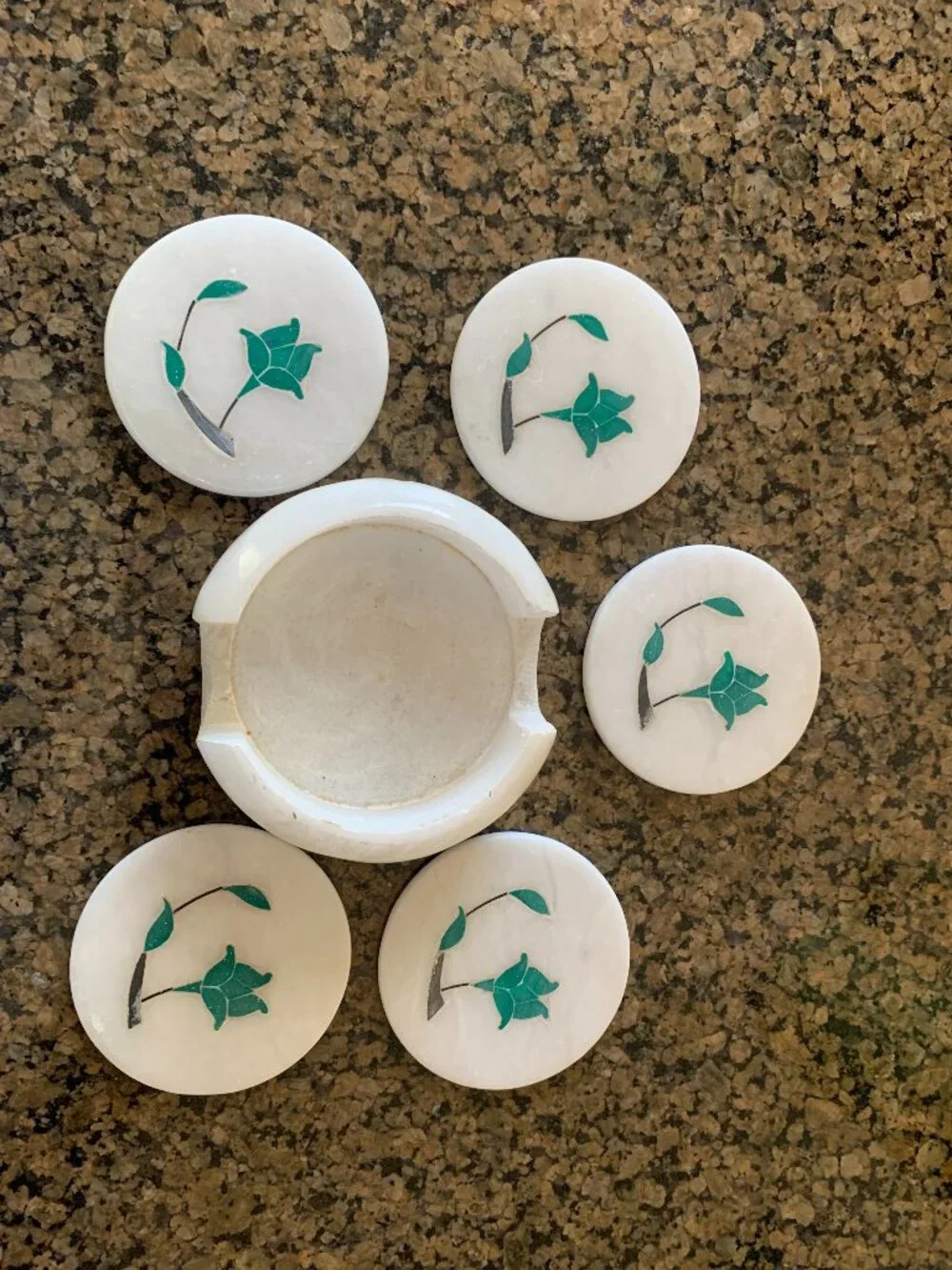 5 Coaster, 6 Piece Marble Coaster Set With Gemstone Inlay from Sri Lanka